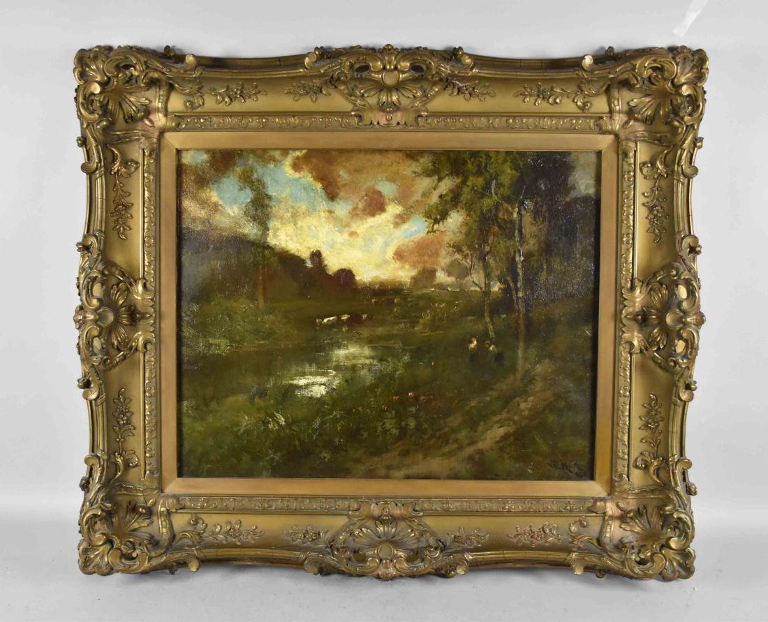 WILLIAM KEITH (American 1838-1911) IMPRESSIONIST: WILLIAM KEITH (American 1838-1911) IMPRESSIONIST LANDSCAPE WITH CHILDREN AND ANIMALS. William Keith was a California artist known for landscape paintings. Frame: 35''H x 40''W. Image: 22''H x 28.5''W.