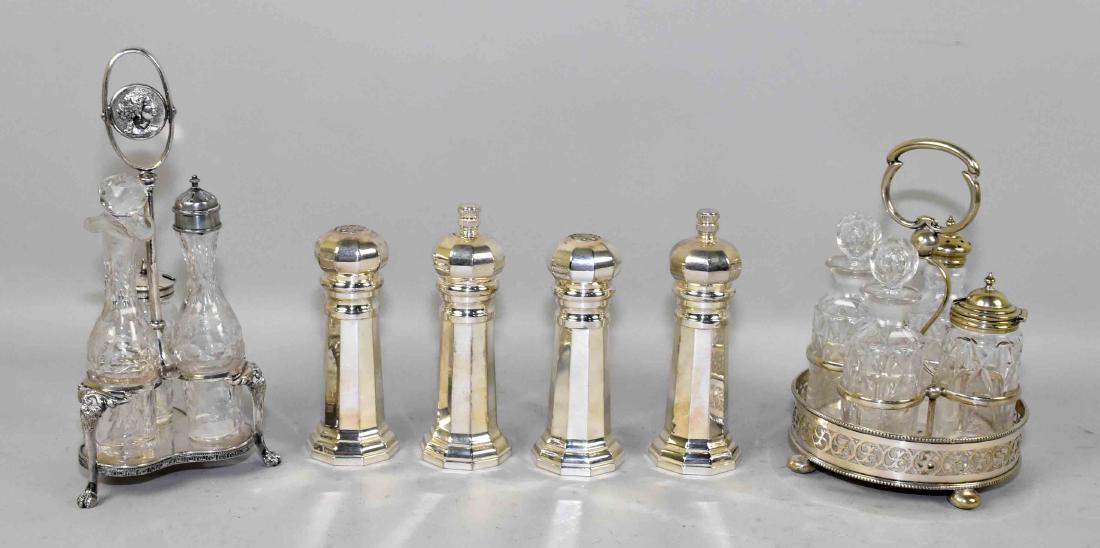 COLLECTION OF SHEFFIELD, SILVERPLATE AND CRYSTAL CRUET: COLLECTION OF SHEFFIELD, SILVERPLATE AND CRYSTAL CRUET SETS AND SALT AND PEPPER GRATERS. Largest: 10''H.