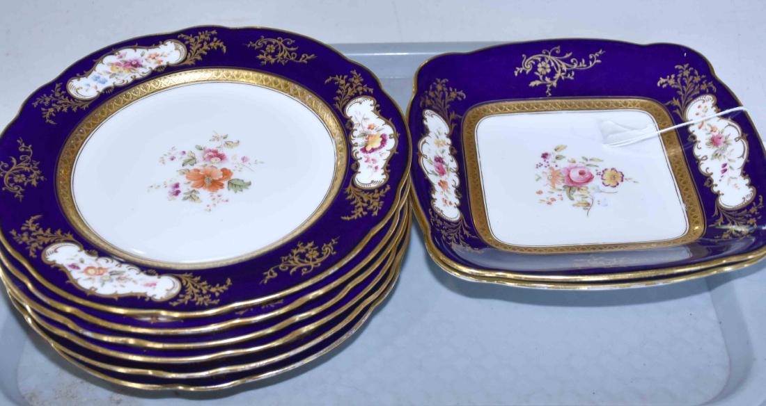 COALPORT, English. Partial set. (6) plates and (2): COALPORT, English. Partial set. (6) plates and (2) square bowls. Largest: 9'' diameter.