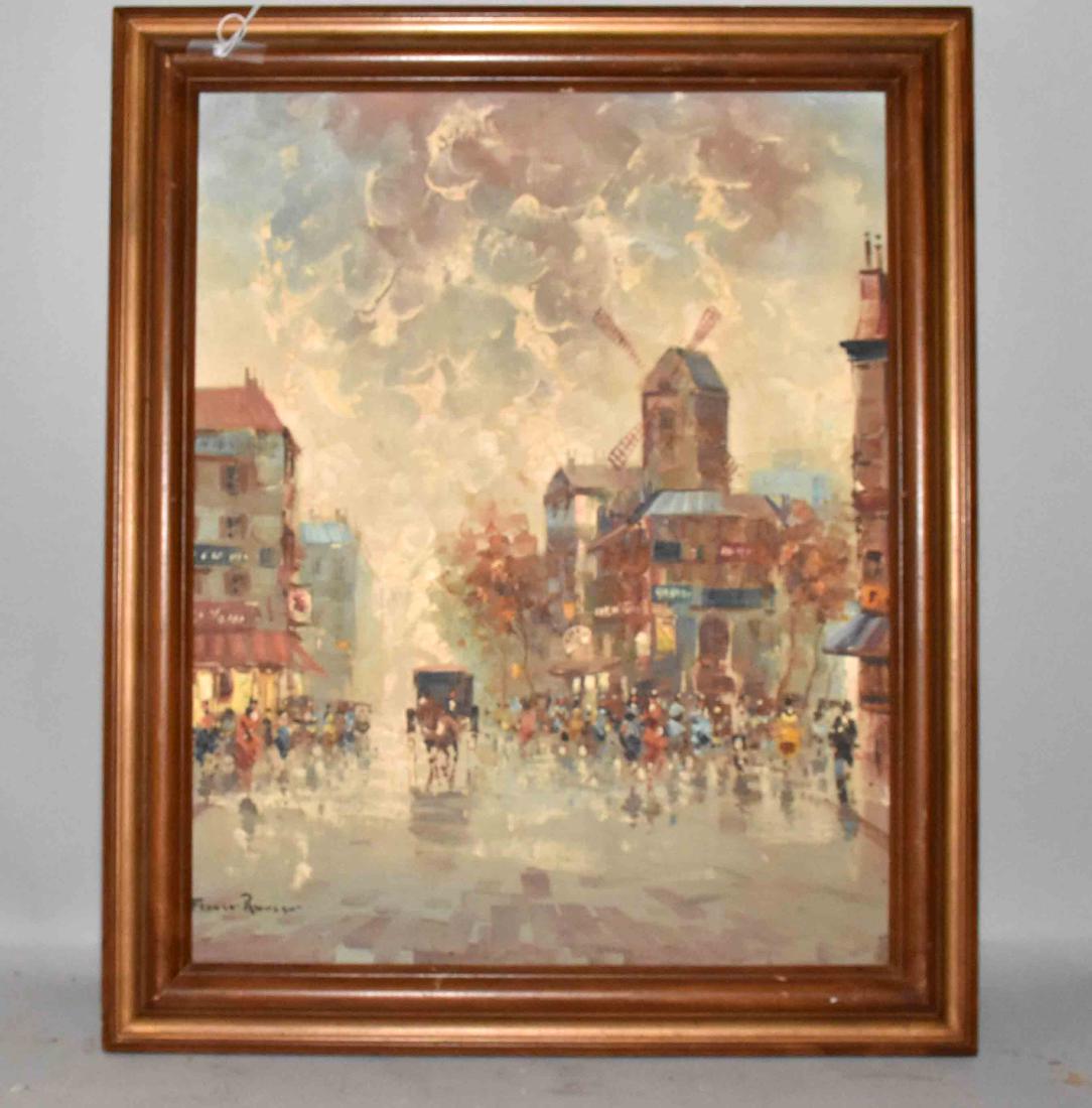 CONTINENTAL PAINTING OF A STREET SCENE WITH A WINDMILL.: CONTINENTAL PAINTING OF A STREET SCENE WITH A WINDMILL. Signed indistinctly. 24''H x 20''W.