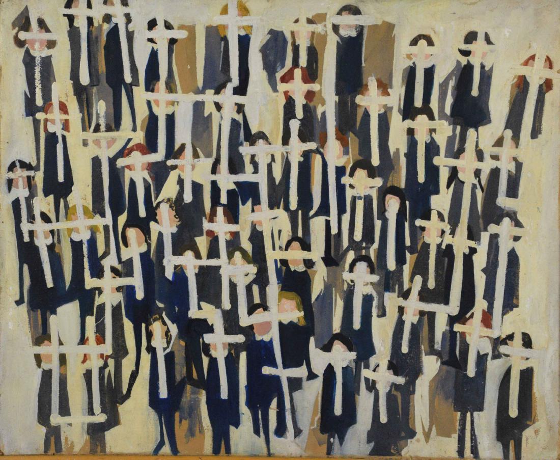 BEVERLY PEPPER (b. 1922). All God's Children. Signed: BEVERLY PEPPER (b. 1922). All God's Children. Signed 'Pepper' (verso). Oil on card laid down on canvas. 14 1/2 x 17 3/4 in.