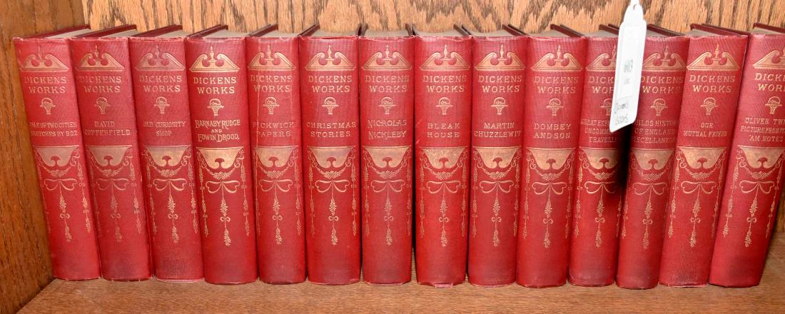 (14) VOLUMES. Complete set. Dickens Works - M.A.: (14) VOLUMES. Complete set. Dickens Works - M.A. Donohue Co., gilt top ends and lettering. Illustrated. No dates.