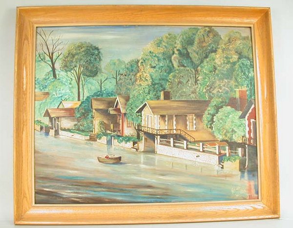 NAIVE STYLE HOUSE & RIVER O/C. Signed A