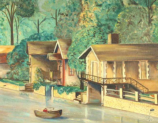 NAIVE STYLE HOUSE & RIVER O/C. Signed A - 2