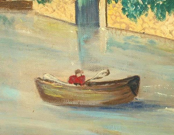 NAIVE STYLE HOUSE & RIVER O/C. Signed A - 4