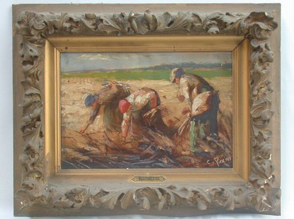 PAINTED PRINT OF "GLEANERS." After Mill