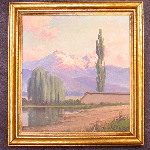 RAMOS CATALAN O/C. N/R 20th c. Oil on c: RAMOS CATALAN O/C. N/R 20th c. Oil on canvas. Signed lower right. A listed artist, this is a sunset in the Andes. Size: 18" h., 16" w. Condition: minor crackling is beginning.