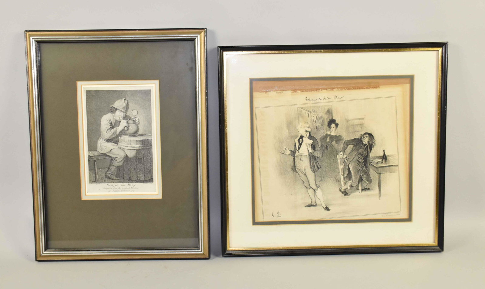 PAIR OF ANTIQUE CONTINENTAL PRINTS. One initialed H.D.: PAIR OF ANTIQUE CONTINENTAL PRINTS. One initialed H.D. - Honore Daumier and the other T. Major. Largest frame: 14.25''H x 15.25''W. Estate of Stephen Totter.