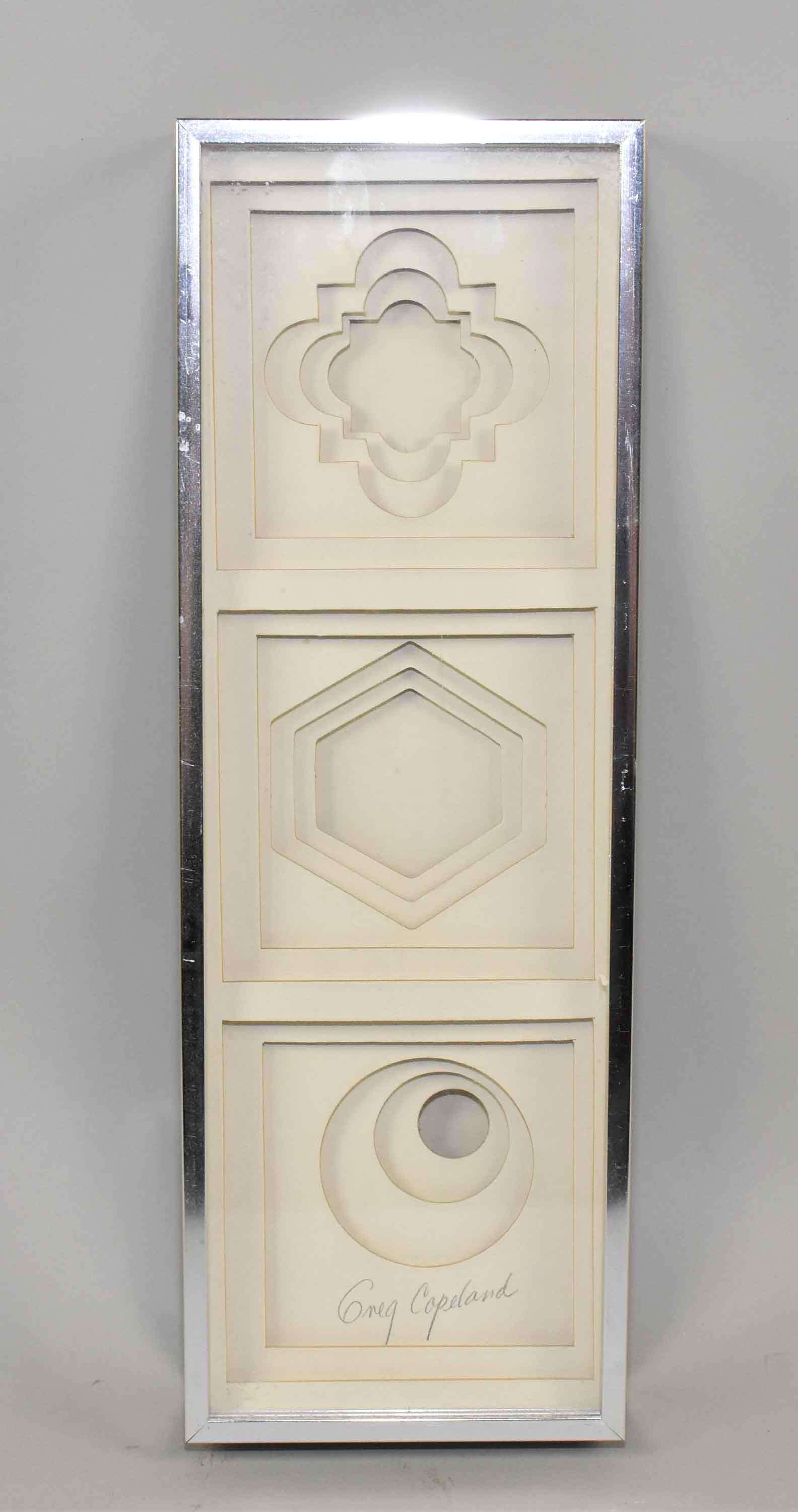 GREG COPELAND, 1972, signed in pencil in the middle,: GREG COPELAND, 1972, signed in pencil in the middle, abstract cutouts. Estate of Stephen Totter. Frame: 14.25''H x 5''W. Image: 13.5''H x 4.25''W.