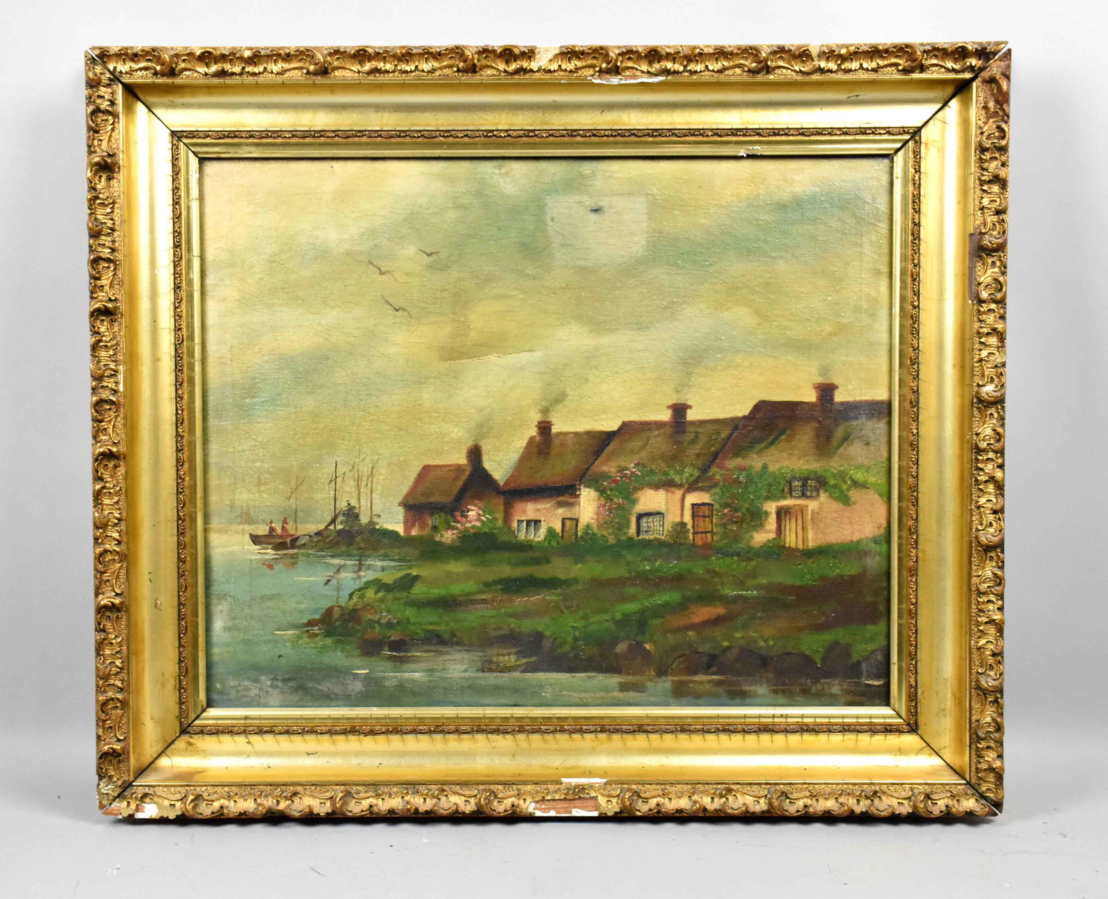 19TH C. OIL ON CANVAS. Cottages by the Shore. Estate of: 19TH C. OIL ON CANVAS. Cottages by the Shore. Estate of Stephen Totter. Frame: 21.25''H x 25.25''W. Image: 15.50''H x 19.50''W.