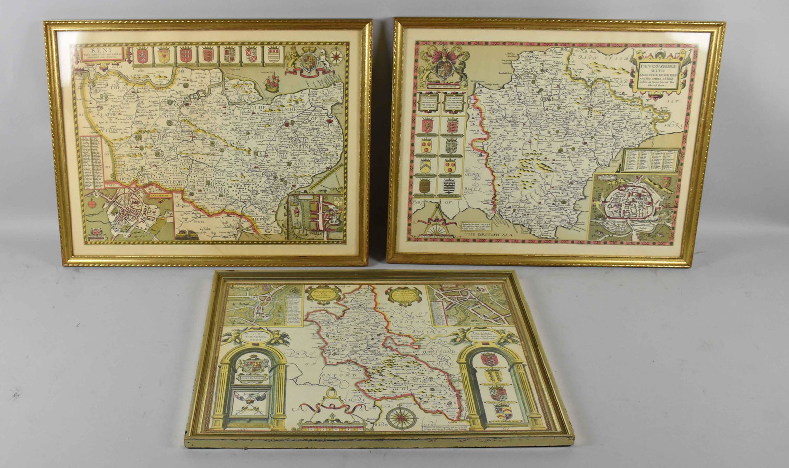 (3) ANTIQUE MAPS OF KENT, DEVONSHIRE AND BUCKINGHAM: (3) ANTIQUE MAPS OF KENT, DEVONSHIRE AND BUCKINGHAM ENGLAND. Frame: 18.25''H x 23.25''W.