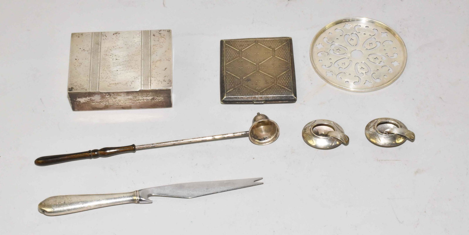 GROUP OF UNMARKED SILVER, including salts, sterling: GROUP OF UNMARKED SILVER, including salts, sterling handled knife, box, case, candle snuffer, etc. Largest: 9.5''L