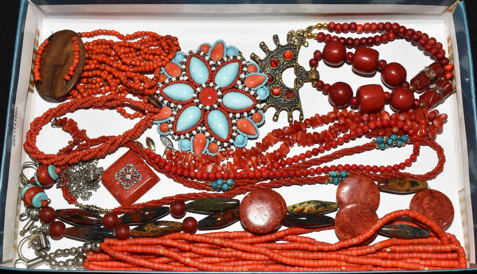 (10) PC. LADIES ASST. RED CORAL COSTUME JEWELRY, with: (10) PC. LADIES ASST. RED CORAL COSTUME JEWELRY, with beaded and stone necklaces, bracelets and earrings.