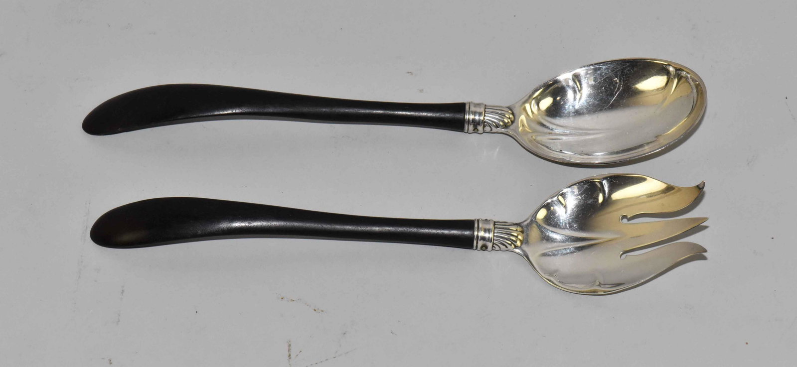 GORHAM STERLING SILVER SALAD SPOON AND FORK (N20). 11'': GORHAM STERLING SILVER SALAD SPOON AND FORK (N20). 11'' each. Estate of Stephen Totter.