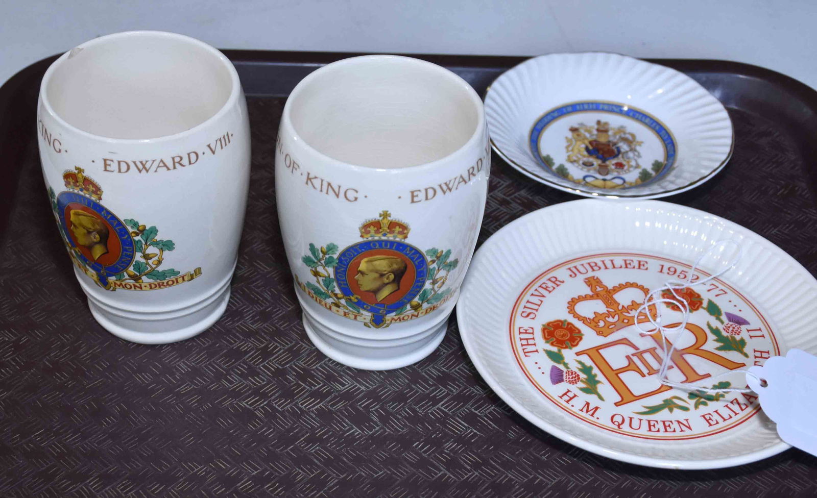 ENGLISH COMMEMORATIVE CHINA. (2) cups ''Coronation of: ENGLISH COMMEMORATIVE CHINA. (2) cups ''Coronation of King Edward VIII by Myott, Sons & C.'', Plate - Queen Elizabeth II, Silver Jubillee by Wedgewood and Royal Wedding July 1981 of Prince Charles to