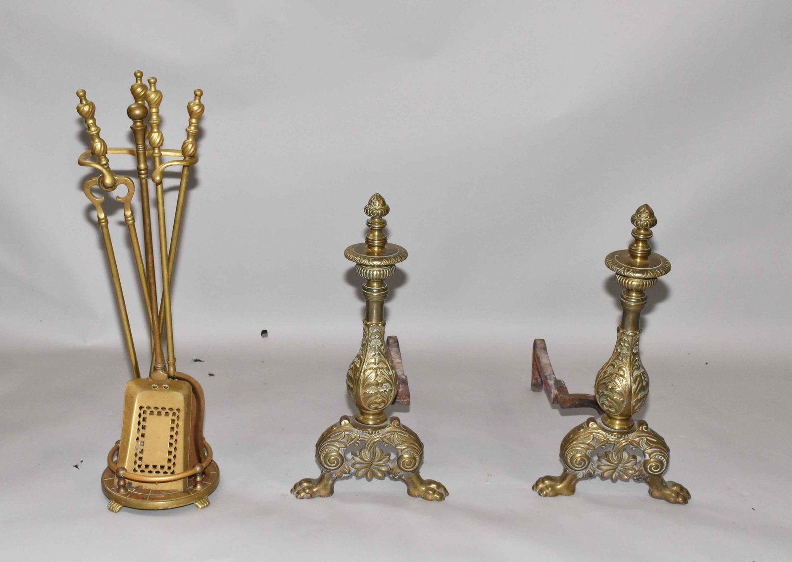 FIREPLACE TOOLS AND PAIR OF ANDIRONS. Andiron length:: FIREPLACE TOOLS AND PAIR OF ANDIRONS. Andiron length: 21''H.