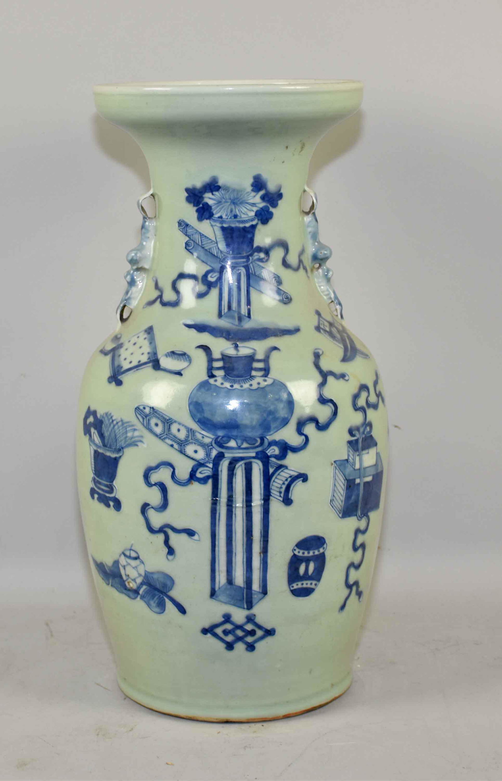 ANTIQUE CHINESE CELADON, BLUE AND WHITE VASE. 16.5''H.: ANTIQUE CHINESE CELADON, BLUE AND WHITE VASE. 16.5''H. Estate of Stephen Totter.
