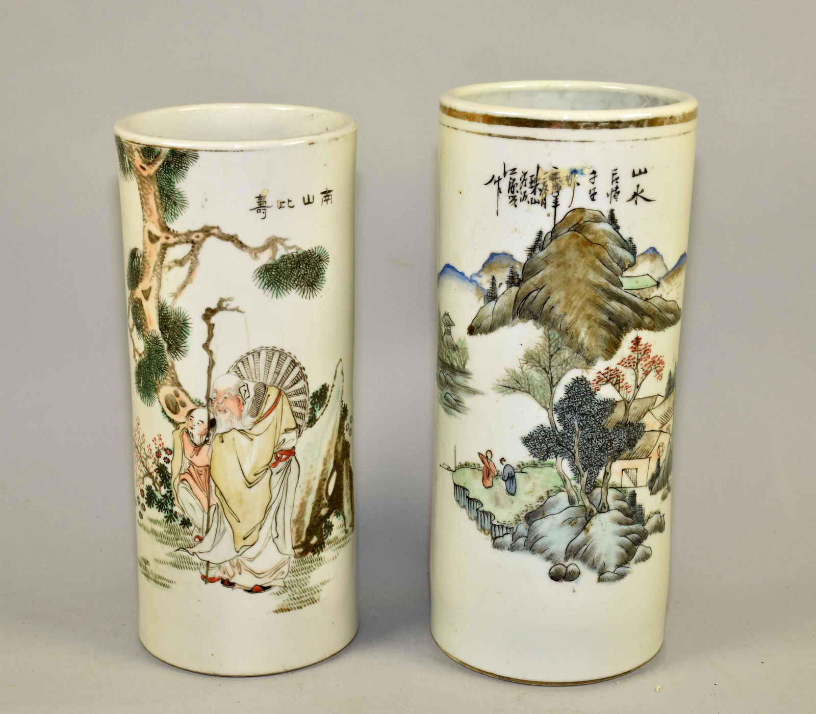 PAIR OF ANTIQUE PORCELAIN PAINTED HAT STANDS. One with: PAIR OF ANTIQUE PORCELAIN PAINTED HAT STANDS. One with character mark on bottom. 11''H each.