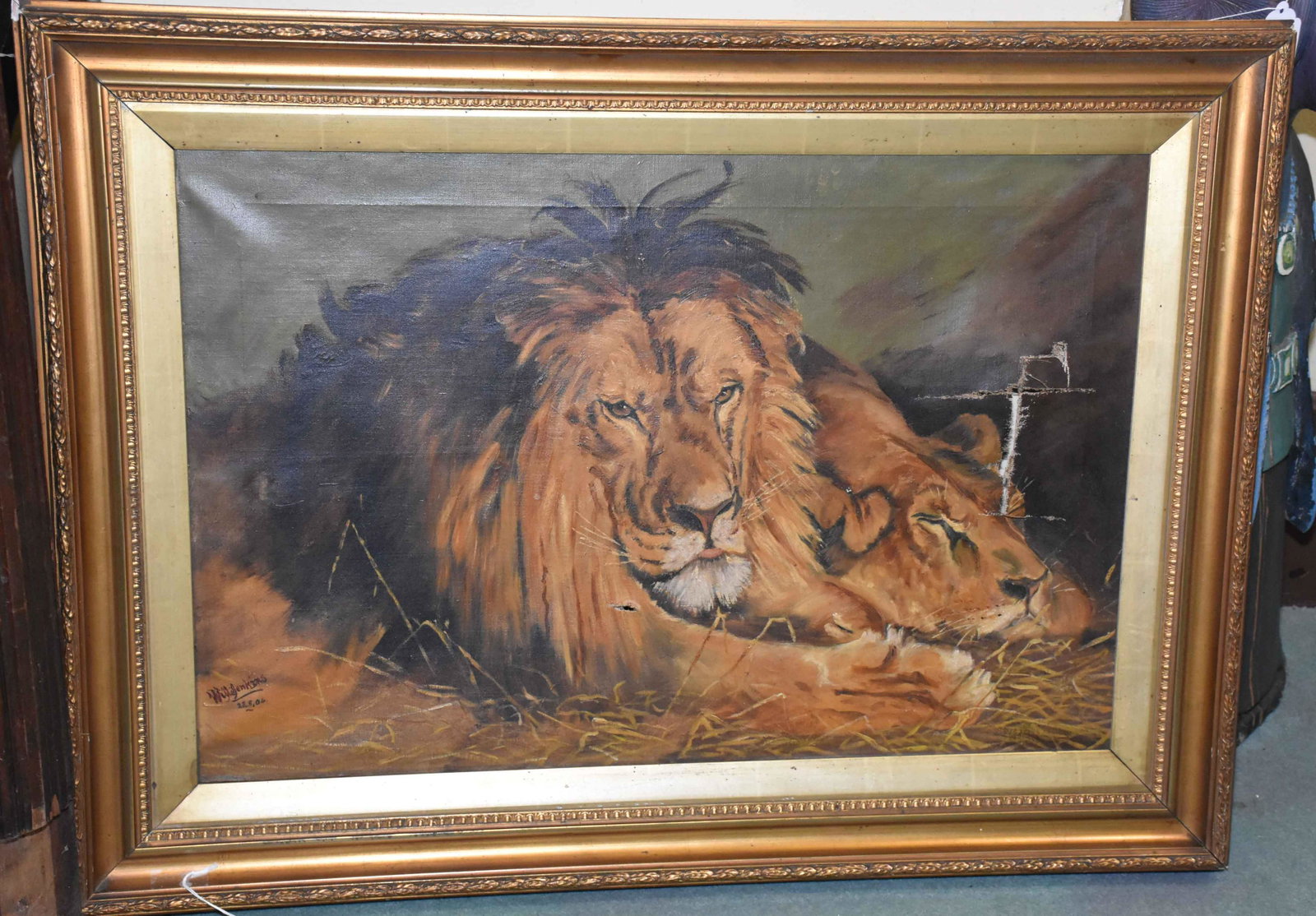 WILL JENKINS (British) LION, oil on canvas. Condition:: WILL JENKINS (British) LION, oil on canvas. Condition: rip and holes. Image: 20''H x 30''W. Frame: 28''H x 37''W.