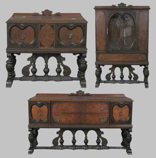 3 PC JACOBEAN DINING ROOM SET: 3 PC JACOBEAN STYLE DINING ROOM SUITE. Post 1930. Made by C.M. Bott Furniture Co, Erie Pa., and Buffalo, N.Y. Mahogany stained Jacobean. Includes a china cabinet 67'' H, 44'' W, 17'' D; buffet 43'' H,