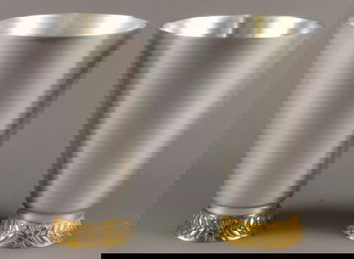 PR KENSINGTON MARLBOROUGH VASE: PR KENSINGTON MARLBOROUGH VASES. Pair of Kensington Ware Marlborough vases, 1934-35, Art Deco aluminum and brass, cat. no. 7031, designed by Lurelle Guild, patent applied for Oct. 11, 1934, patent iss