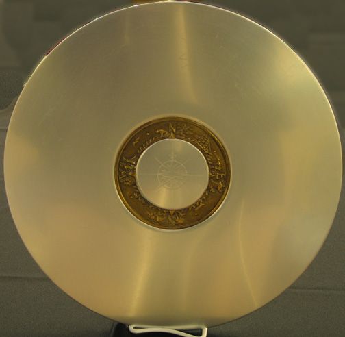 KENSINGTON COMPASS PLATTER 15I: KENSINGTON COMPASS PLATTER 15 INCH. Art Deco aluminum and brass Kensington Ware Compass Platter cat. no. 7102, designed by Lurelle Guild 1935-36. Late mark: stag head, shield and script mark. Size: 15