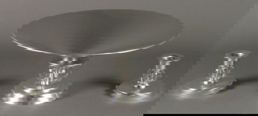 3 KENSINGTON STRATFORD SET: 3 KENSINGTON STRATFORD SET. Three Art Deco aluminum and glass Kensington Ware Stratford Compote (cat. no. 7411) and matching candlesticks. Designed by Lurelle Guild c. 1934-35 with glass ball decorati