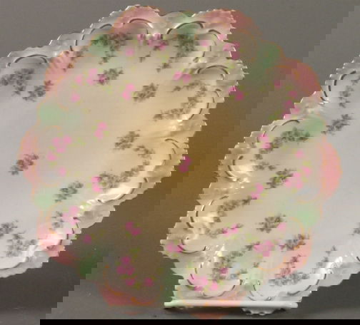AUSTRIAN PORCELAIN PLATE.: AUSTRIAN PORCELAIN PLATE. Moritz Zdekauer porcelain bowl, shaped and formed body with rocaille edge, decaled rose swags and rose groups over body, pink and green shaded edge with gilt highlights and e