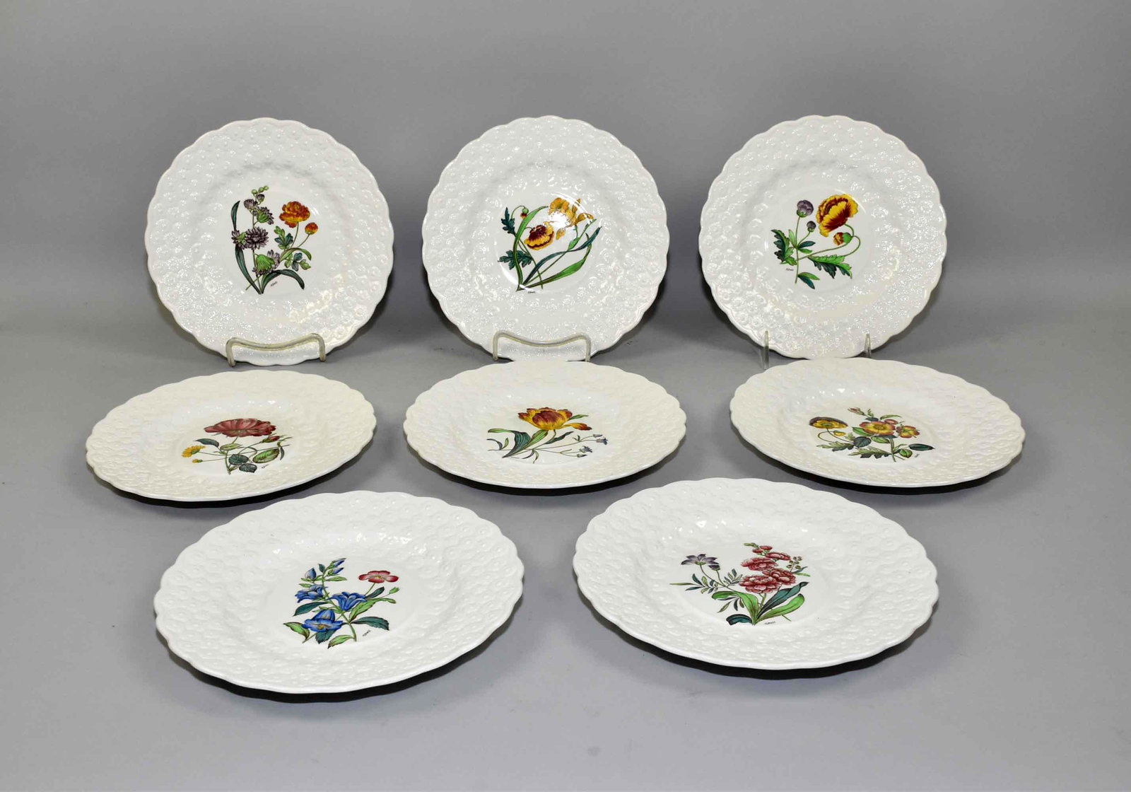 (8) SPODE FLOWER PLATES. Including Poppy, Daffodil,: (8) SPODE FLOWER PLATES. Including Poppy, Daffodil, Wild Rose, Tulip, Rose, etc. 9 inch diameter.