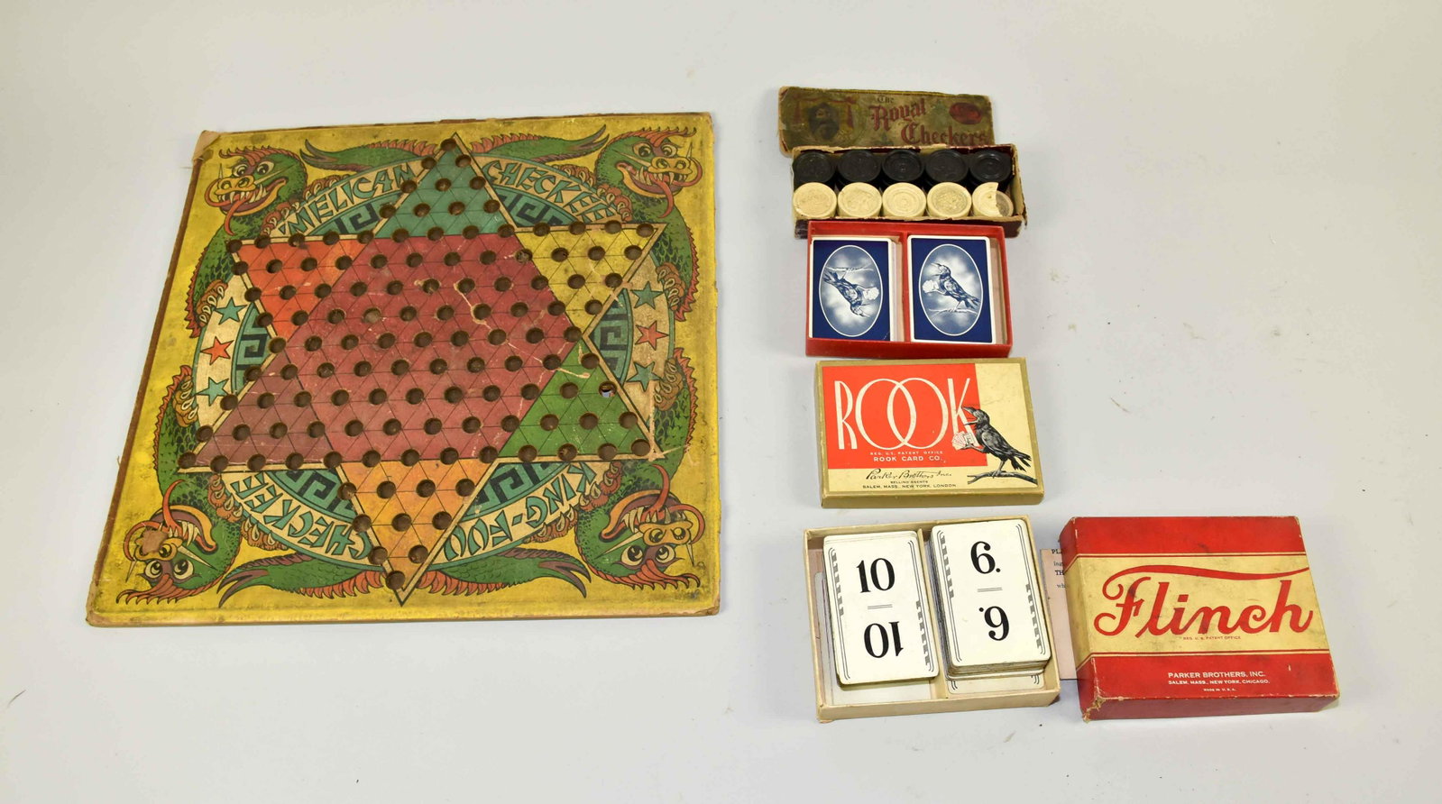 COLLECTION OF VINTAGE GAMES, including Parker Brother's: COLLECTION OF VINTAGE GAMES, including Parker Brother's Rook and Flinch. Largest: 16''W x 16''L.
