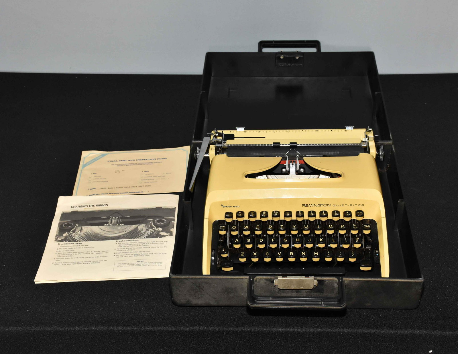 REMINGTON QUIET-RITER TYPEWRITER, CIRCA 1972. Yellow: REMINGTON QUIET-RITER TYPEWRITER, CIRCA 1972. Yellow with a black case.