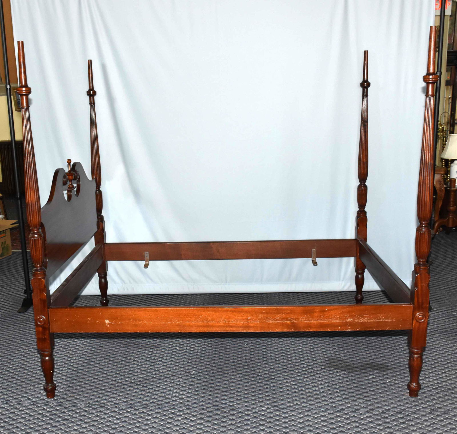 FEDERAL STYLE MAHOGANY TESTER BED; tall, reeded post;: FEDERAL STYLE MAHOGANY TESTER BED; tall, reeded post; swan's neck headboard; double size. 75''H x 59''W x 81'' length.