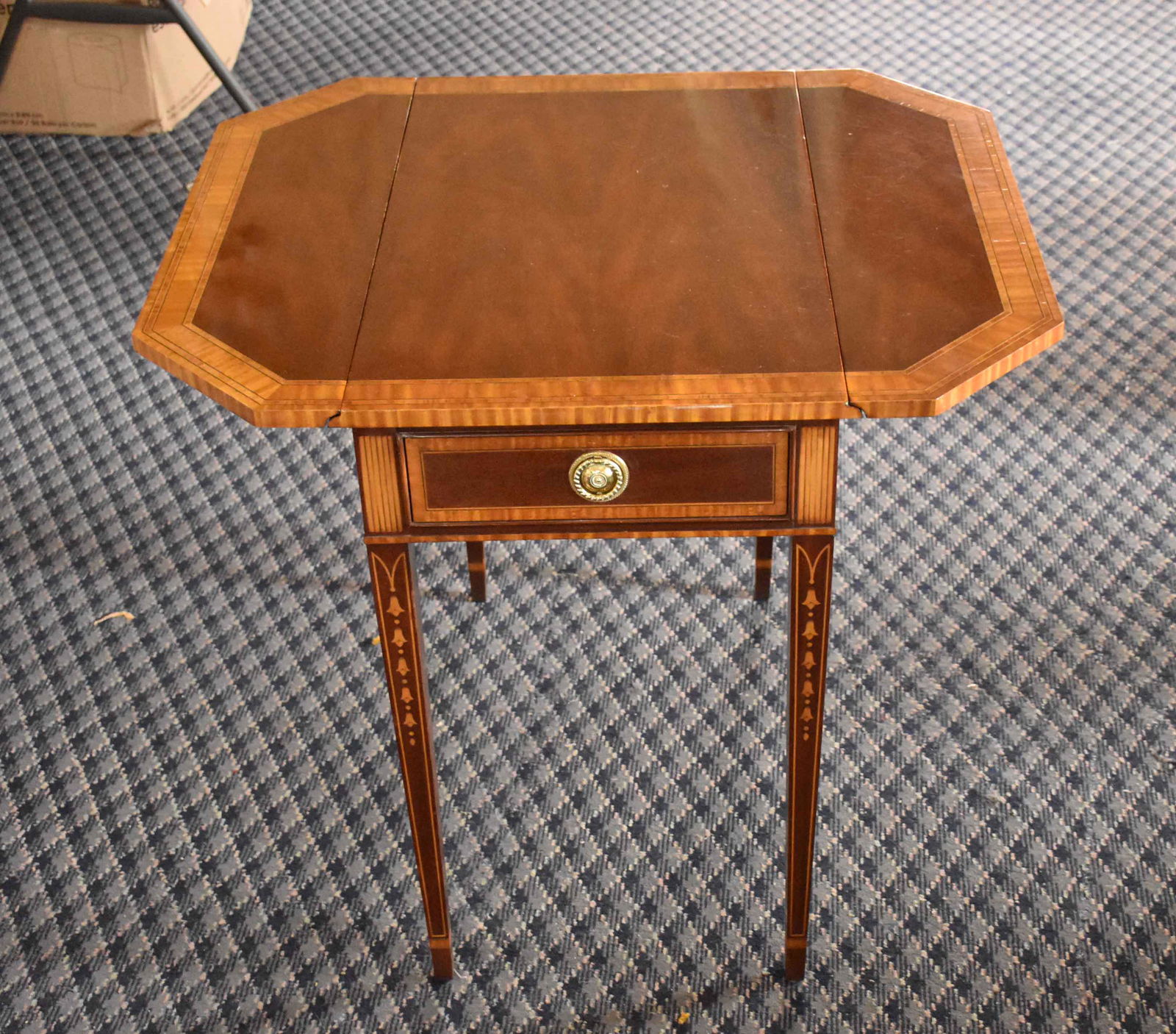 COUNCIL CRAFTSMEN DROP LEAF HEPPLEWHITE STYLE SIDE: COUNCIL CRAFTSMEN DROP LEAF HEPPLEWHITE STYLE SIDE TABLE, with one drawer; two banded leaves to each side. With four line inlay banded borders and flower inlays down the legs. 27''H x 31''W x 27'' dee