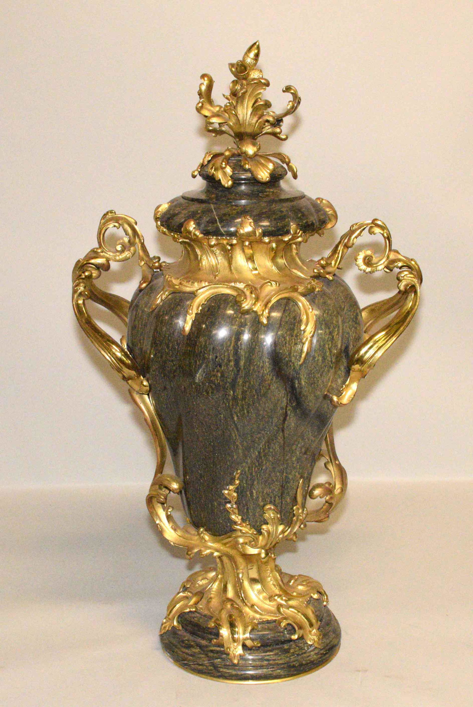 19TH CENTURY MONUMENTAL FRENCH MARBLE LIDDED URN, with: 19TH CENTURY MONUMENTAL FRENCH MARBLE LIDDED URN, with ormolu gilt bronze mounts. 30''H x 14''L x 9''D.