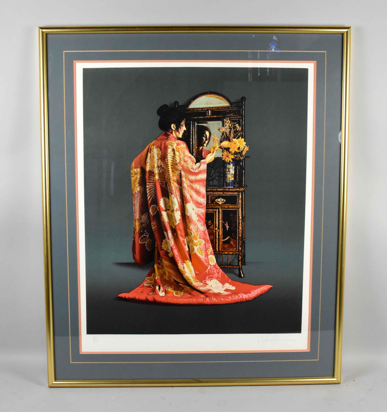 DOUGLAS HOFFMAN, ''Lady in Red Kimono'', color: DOUGLAS HOFFMAN, ''Lady in Red Kimono'', color lithograph, signed in pencil lower right, 195/300. Frame: 38''H x 32''W. Image: 28''H x 23.25''W.