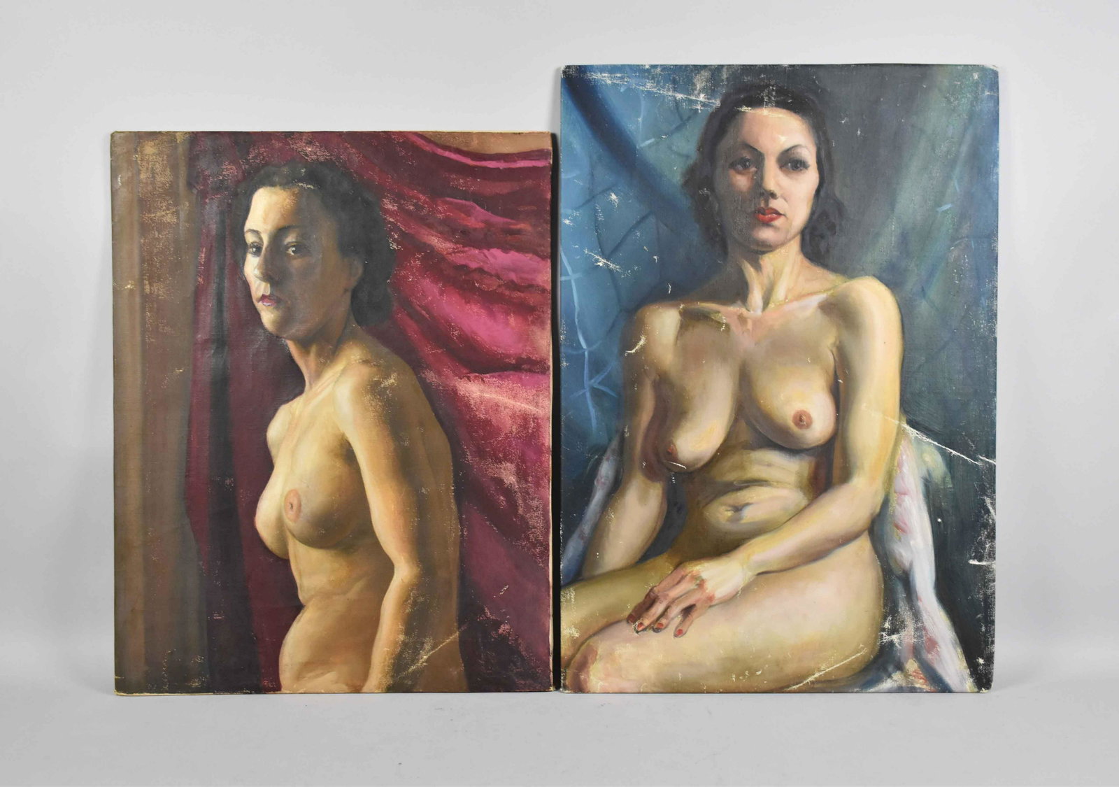 WILLIAM CALDWELL (20TH CENTURY, WESTERN PA.) PAIR OF: WILLIAM CALDWELL (20TH CENTURY, WESTERN PA.) PAIR OF FEMALE NUDES, OIL ON CANVAS MOUNTED ON CARDBOARD. Size: 26''H x 20''W; 29''H x 20''W. Condition: some creasing and scattered areas of paint loss.