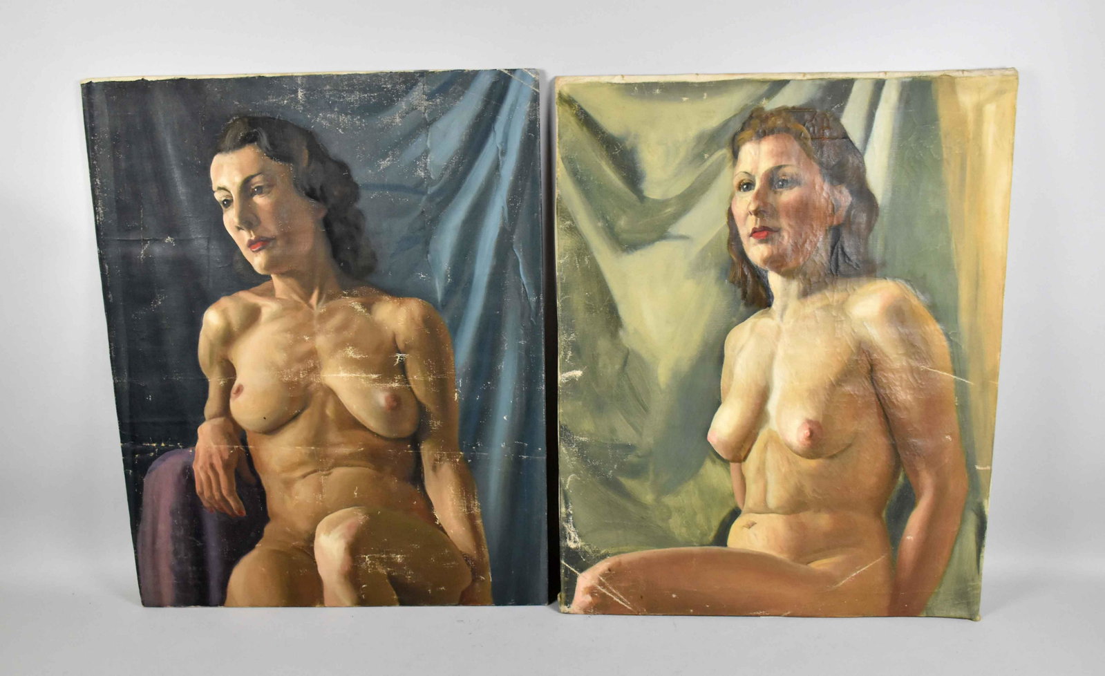 WILLIAM CALDWELL (20TH CENTURY, WESTERN PA.) PAIR OF: WILLIAM CALDWELL (20TH CENTURY, WESTERN PA.) PAIR OF FEMALE NUDES, OIL ON CANVAS MOUNTED ON CARDBOARD. Size: 29.5''H x 23.5''W; 30''H x 24''W. Condition: some creasing and scattered areas of paint los