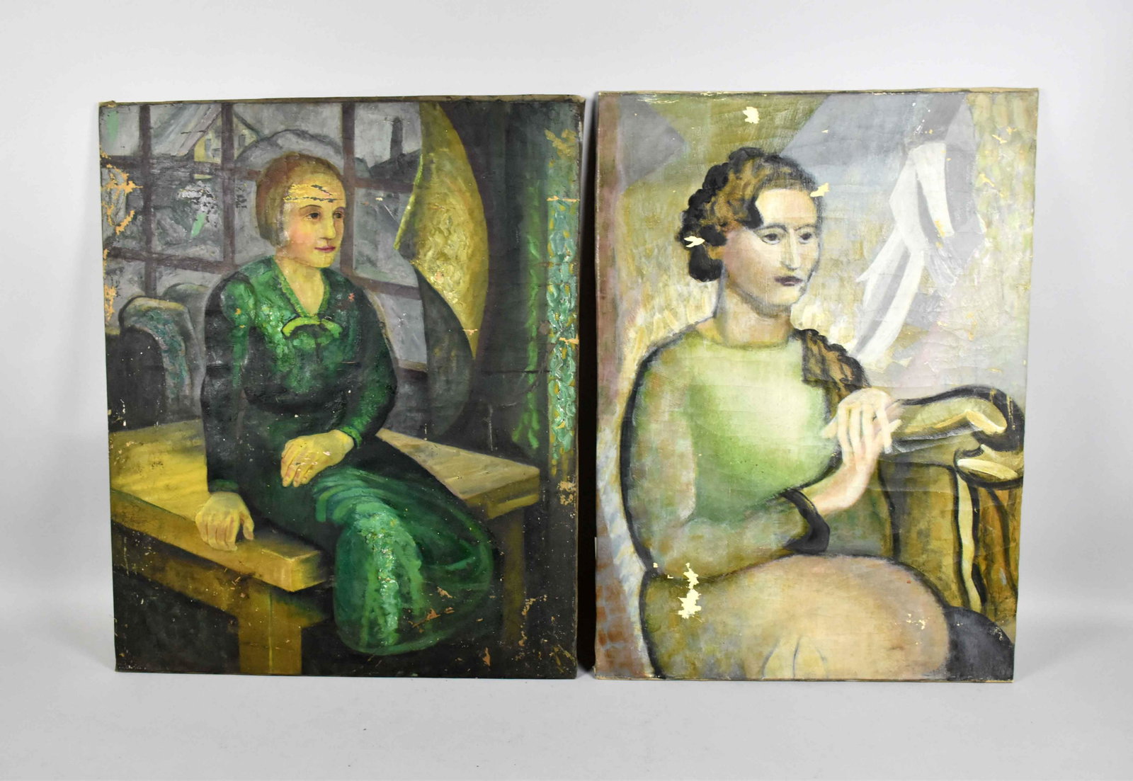 WILLIAM CALDWELL (20TH CENTURY, WESTERN PA.) PAIR OF: WILLIAM CALDWELL (20TH CENTURY, WESTERN PA.) PAIR OF FEMALE PORTRAITS, OIL ON CANVAS MOUNTED ON CARDBOARD. Size: 27.75''H x 22.75''W; 28''H x 20''W. Condition: some creasing and scattered areas of pai