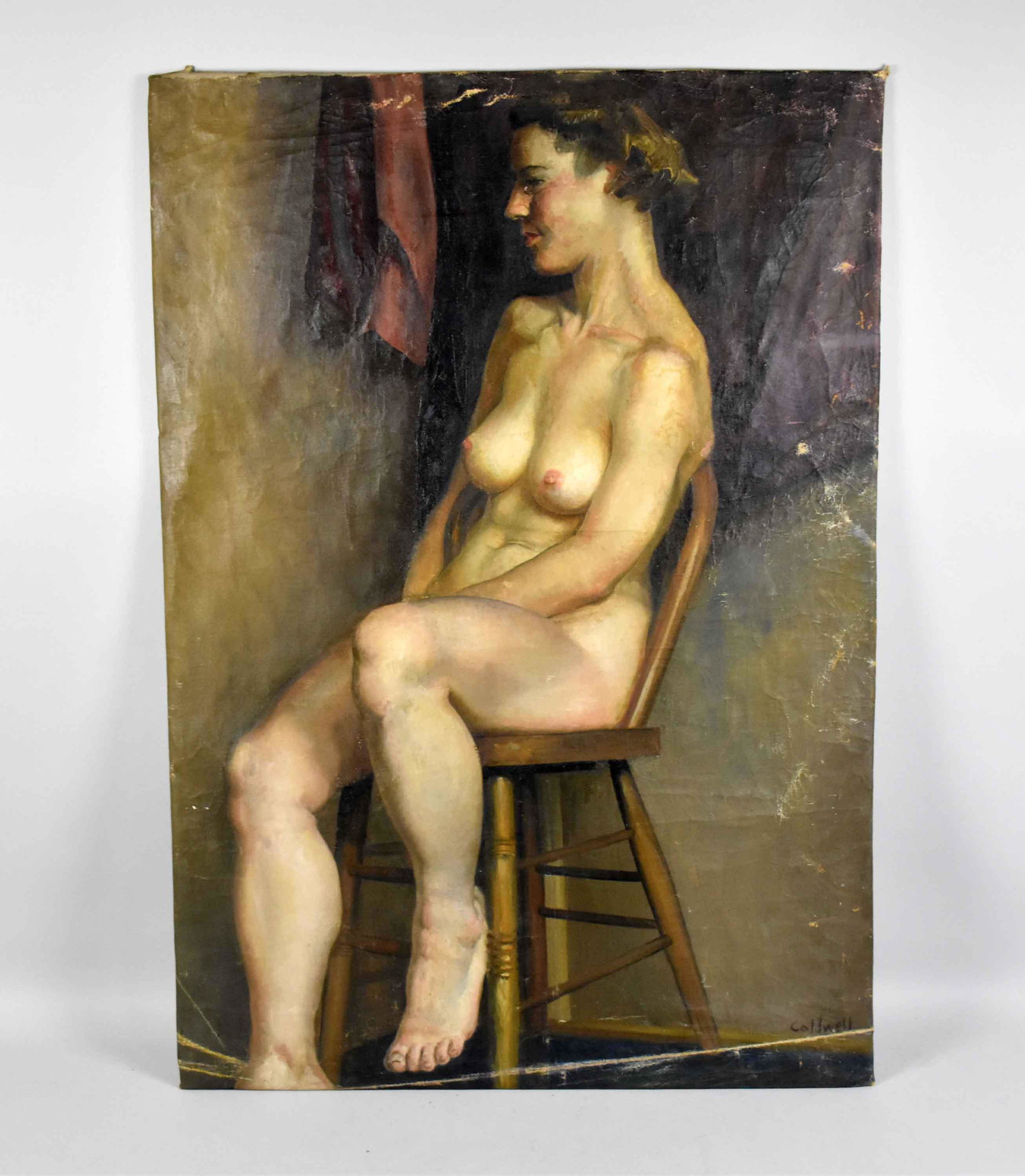 WILLIAM CALDWELL (20TH CENTURY, WESTERN PA.) FEMALE: WILLIAM CALDWELL (20TH CENTURY, WESTERN PA.) FEMALE NUDE, OIL ON CANVAS MOUNTED ON CARDBOARD. Signed lower right. Size: 40''H x 28''W. Condition: some creasing and scattered areas of paint loss.