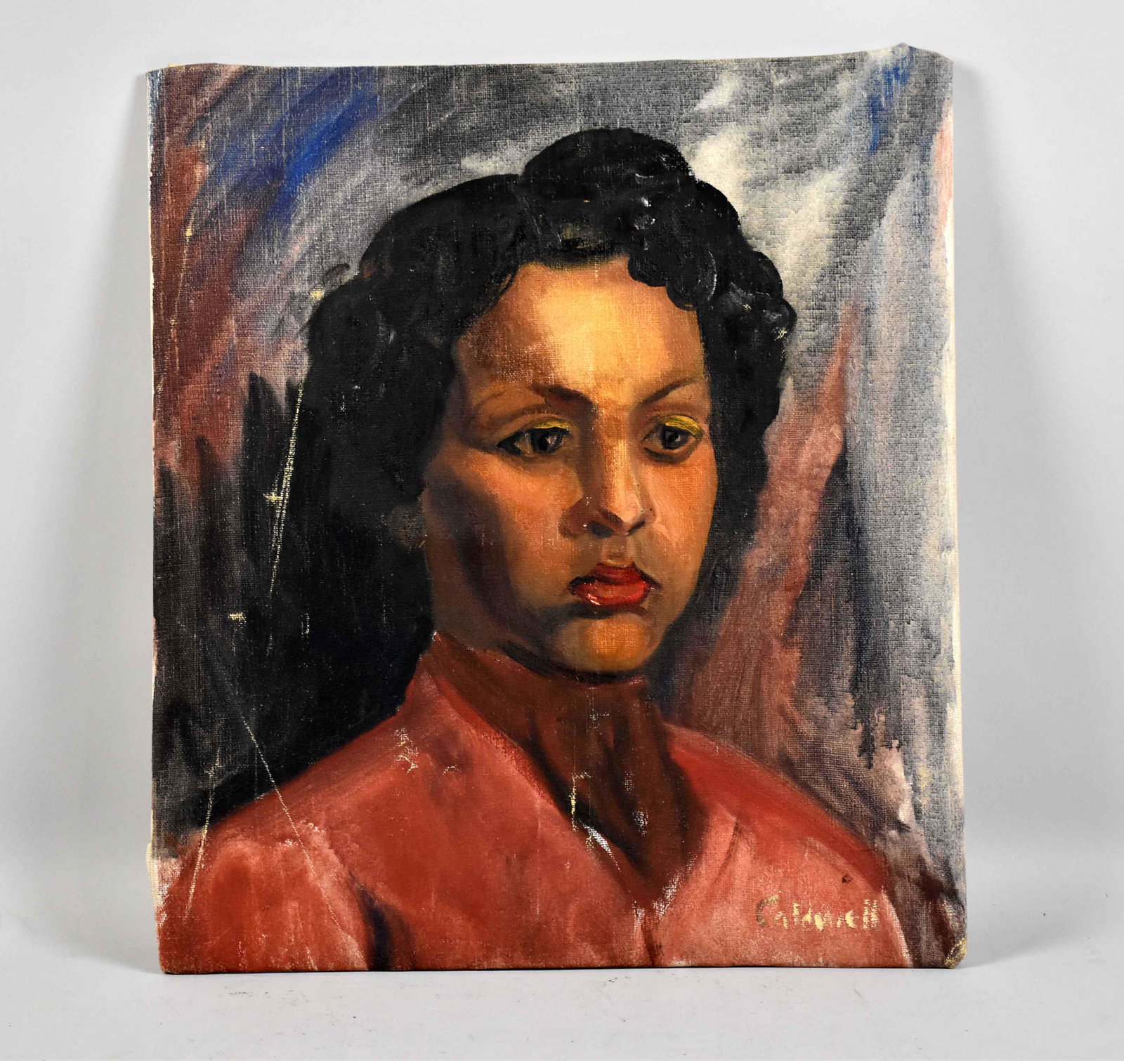 WILLIAM CALDWELL (20TH CENTURY, WESTERN PA.) PORTRAIT: WILLIAM CALDWELL (20TH CENTURY, WESTERN PA.) PORTRAIT OF A LADY, OIL ON CANVAS MOUNTED ON CARDBOARD. Signed lower right. Size: 18''H x 16''W. Condition: some creasing and scattered areas of paint loss