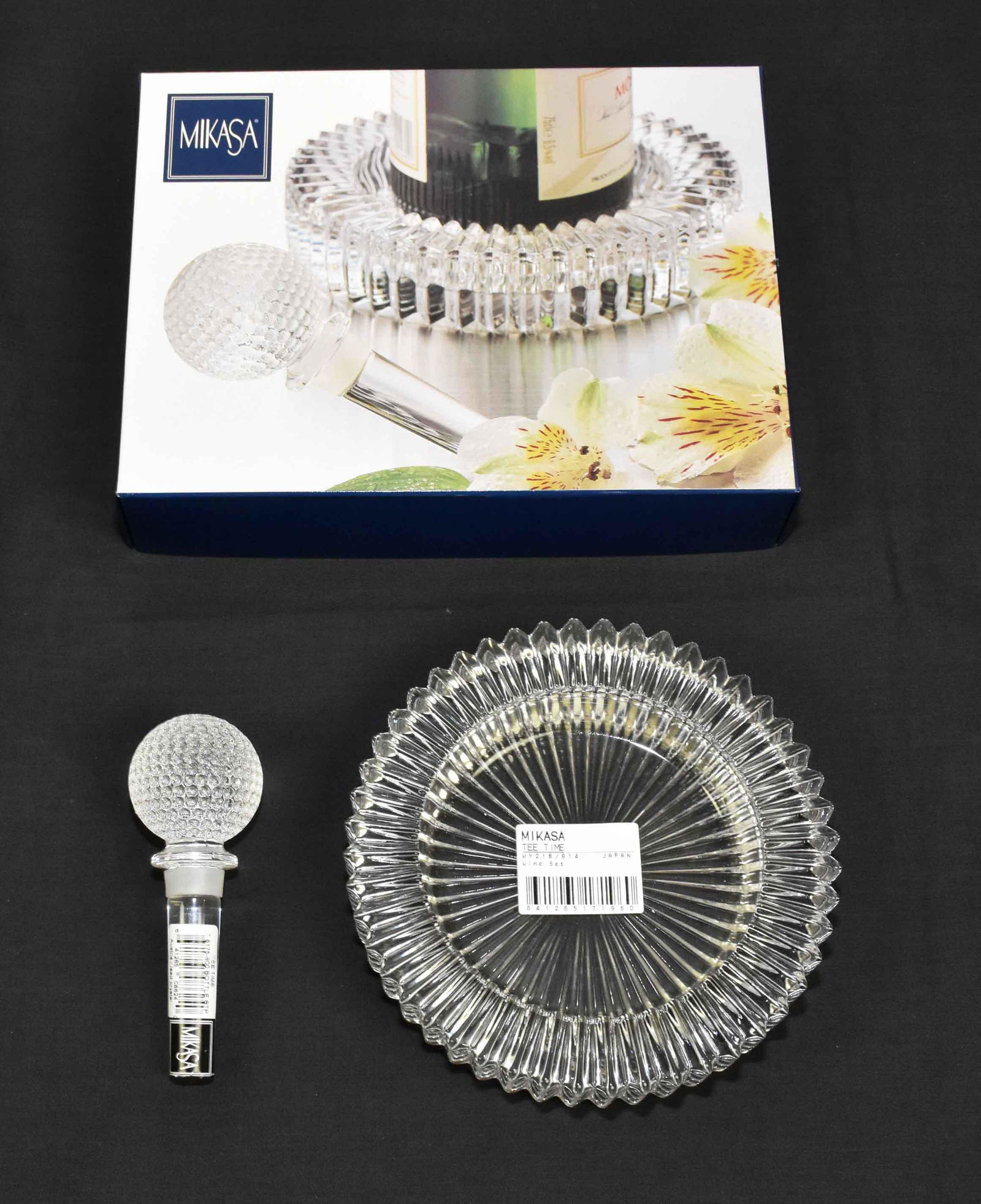 MIKASA CRYSTAL TEE TIME BOXED WINE SET. With coaster: MIKASA CRYSTAL TEE TIME BOXED WINE SET. With coaster and bottle stopper. New - never used.