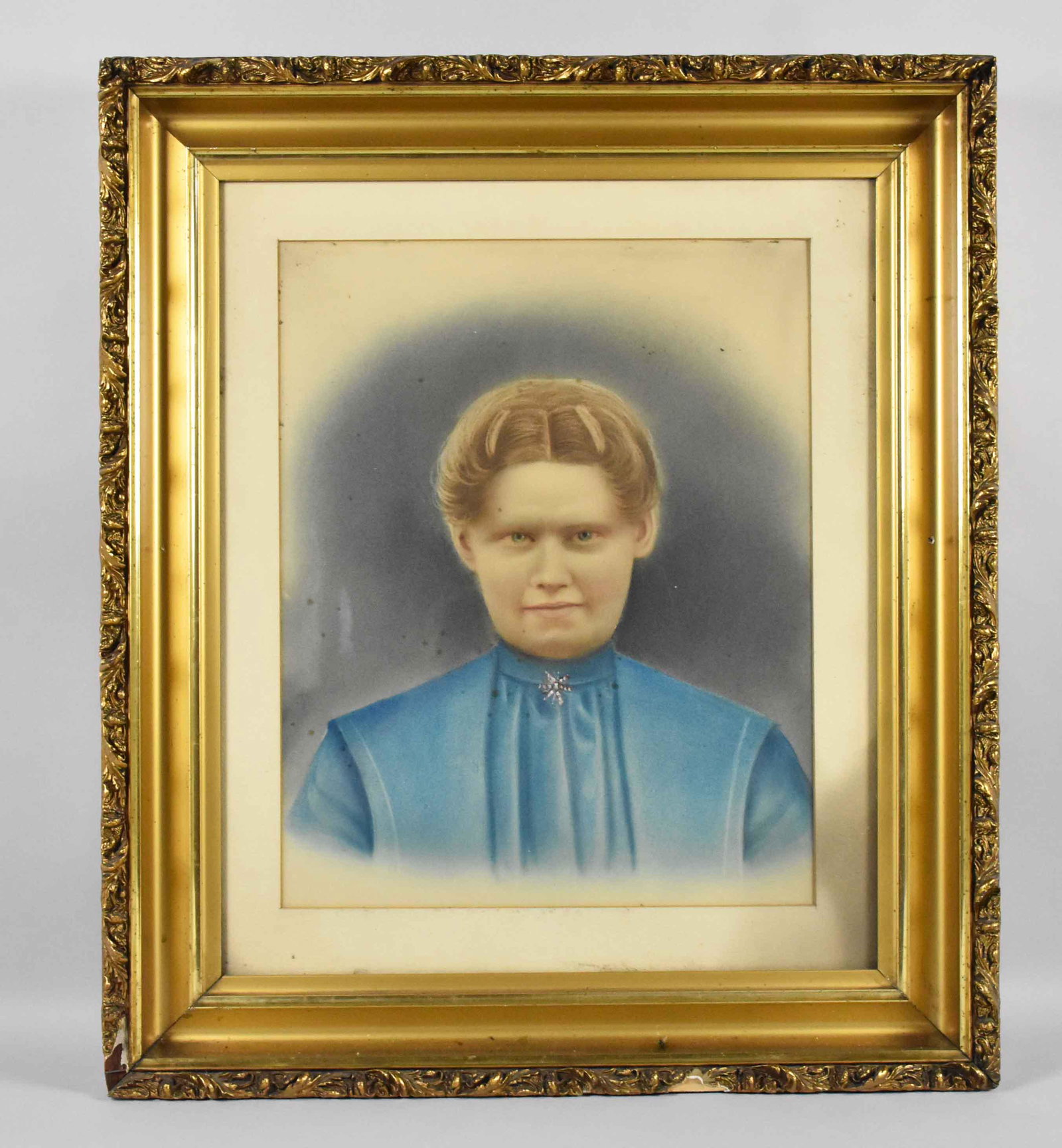 RARE 1880S ANTIQUE PORTRAIT OF A LADY DONE IN COLORED: RARE 1880S ANTIQUE PORTRAIT OF A LADY DONE IN COLORED CRAYON. With gold frame under glass. Frame: 30''H x 26''W. Image: 19.50''H x 16''W.