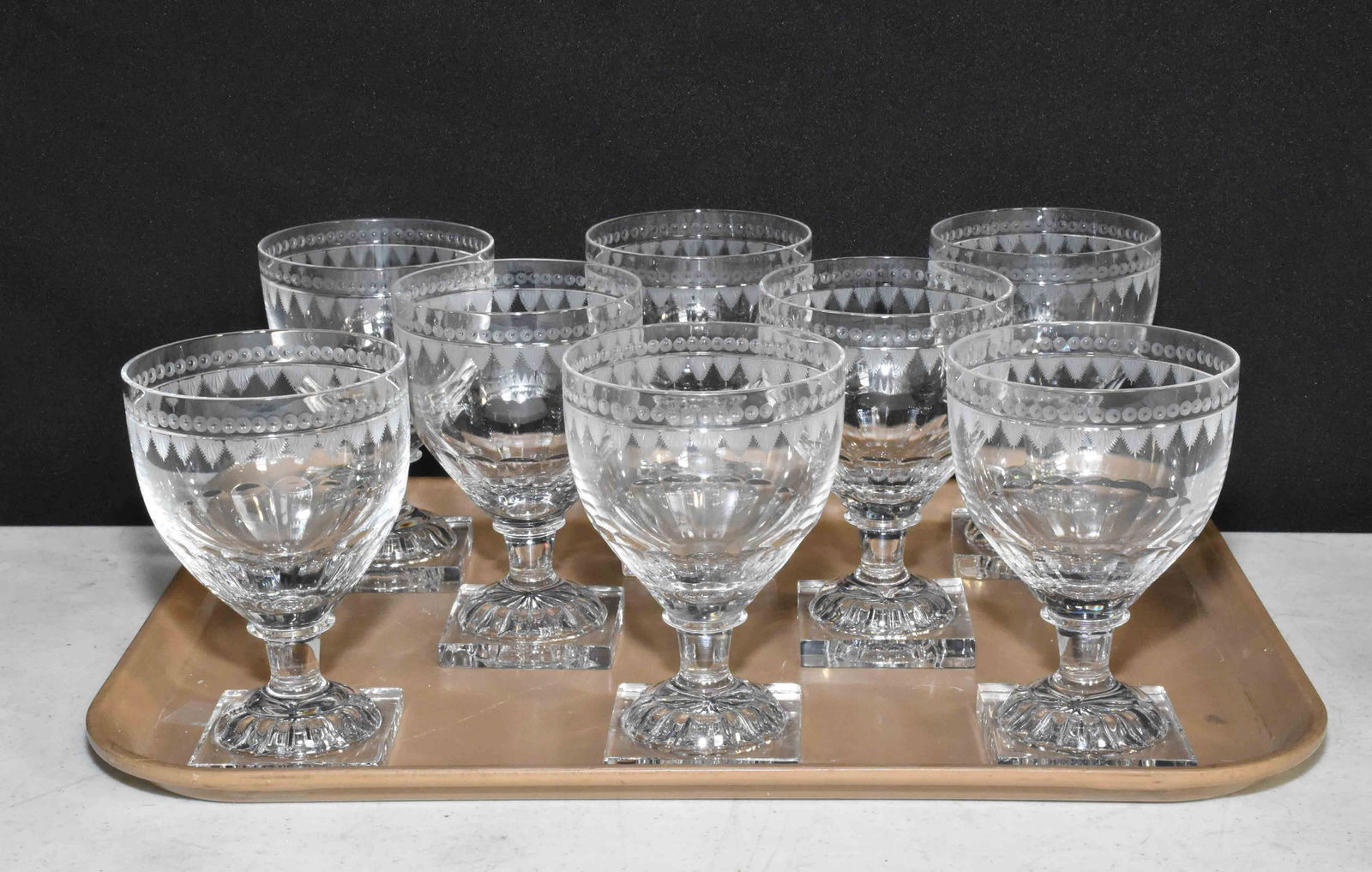 (8) WILLIAM YEOWARD FLAVIA CRYSTAL SMALL WINE GLASSES.: (8) WILLIAM YEOWARD FLAVIA CRYSTAL SMALL WINE GLASSES. English. All intricately hand engraved. 5.25''H x 3.25'' diameter, 9 oz. Condition: excellent. Purchased for $4,160.