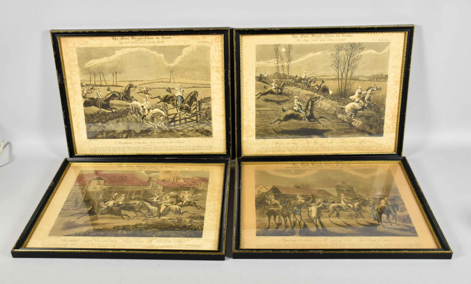 ''THE FIRST STEEPLE CHASE ON RECORD'' (set of four),: ''THE FIRST STEEPLE CHASE ON RECORD'' (set of four), Alken, 1839. A set of four hand colored Aquatints illustrating the first Steeple Chase. Drawn by H. Alken, engraved by J. Harris, and published by