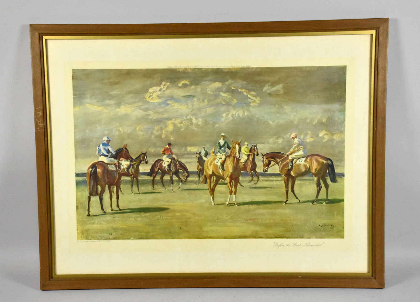 BEFORE THE START, NEWMARKET, lithograph by Sir Alfred: BEFORE THE START, NEWMARKET, lithograph by Sir Alfred Munnings. Publisher: Published by Frost and Reed Ltd., Bristol & London 1953. Image: 16''H x 24 7/8''W. Frame: 22.5''H x 31.75''W.