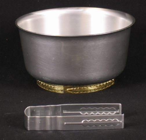 KENSINGTON COLDCHESTER ICE BOW: KENSINGTON COLDCHESTER ICE BOWL & TONGS Art Deco aluminum and brass Kensington Ware ''Coldchester ice bowl'' cat. no. 72466 and ''Coldechester ice tongs'' cat. nbo. 7247. Designed by LUrelle Guild. Ic