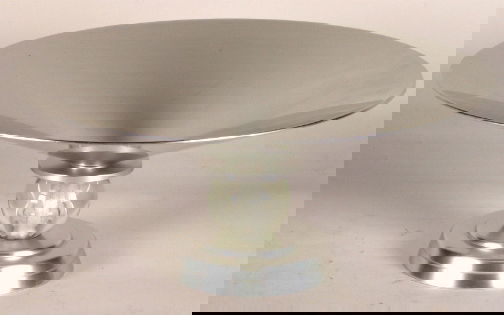 KENSINGTON STRATFORD BOWL: KENSINGTON STRATFORD BOWL. Art Deco aluminum and glass Kensington Ware Stratford compote designed by Lurelle Guild. Late mark. Stag head, shield and script mark. Size: 13 1/2''Diam. top, 6''H. Conditi