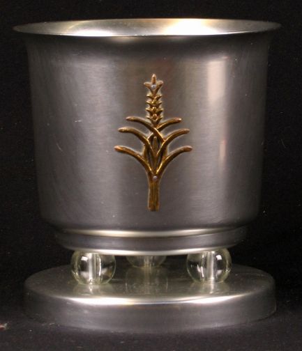 KENSINGTON FOLKESTONE BOWL: KENSINGTON FOLKESTONE BOWL. 1934-1935. Art Deco aluminum, brass and glass Kensington Ware ''Folkestone Bowl'' cat. no. 7413. Designed by Lurelle Guild, patent applied for 10-11-1934, patented issued 1