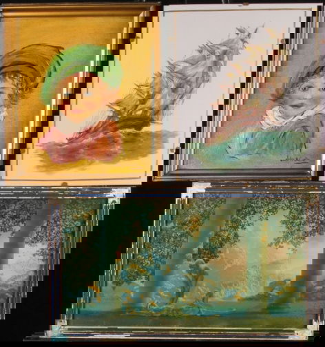 THREE ARTWORKS.: THREE ARTWORKS. Includes a Julia Curtis painting on cardboard of a child's head; includes a Maxfield Parrish reproduction; includes a painted glass image of a masted ship at sea (unsigned). Size: all