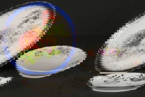 MISC. SERVEWARE.: MISC. SERVEWARE. The lot includes three pieces of china: a platter, bowl and candy dish. The round platter has a rose pattern in the center with a blue border and gilt trim. Marked: Sterling China. Pl